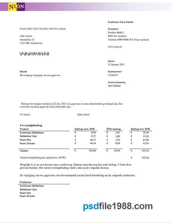 Netherlands NUON Gas Utility Bill